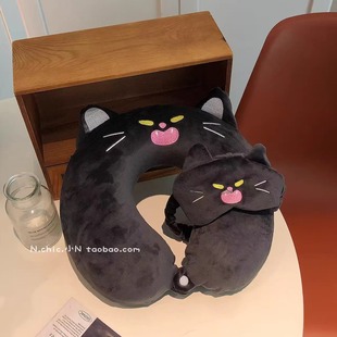可爱毛绒黑猫眼罩U型枕旅行护颈枕飞机高铁颈椎枕午睡枕便携颈枕