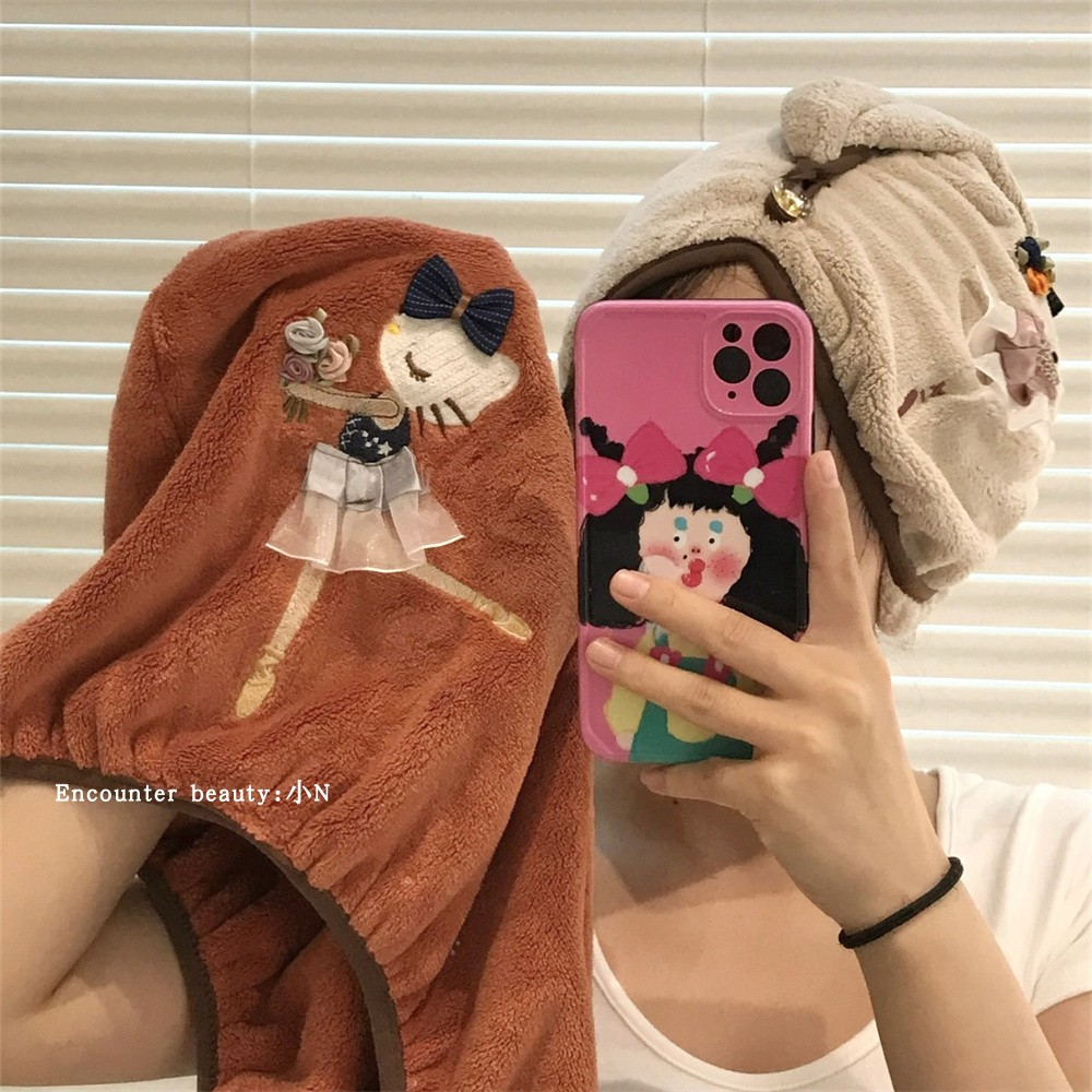 卡通KT加厚款刺绣珊瑚绒浴帽加厚款包头巾洗漱面巾擦发巾速干款女