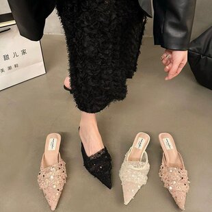 尖头包头水钻半拖鞋女韩版夏季新网纱中跟鞋女细跟外穿蕾丝凉拖鞋