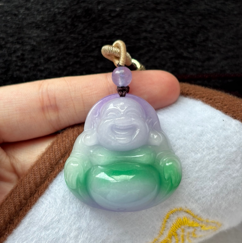 缅甸翡翠冰种淡紫飘绿花翠绿财运双旺弥勒佛笑佛吊坠玉石颈饰珠宝
