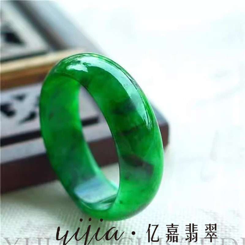 翡翠干青飘深绿花戒指缅甸辣绿色花青玉石指环满绿色戒圈扳指手饰