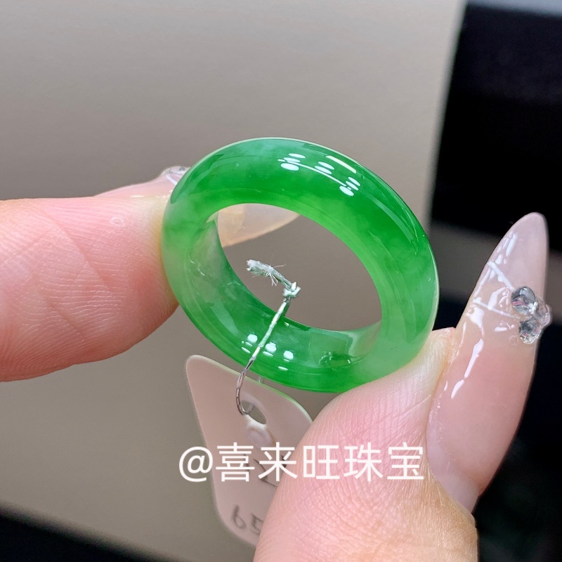 冰糯种满阳绿辣绿色玉石戒指指环