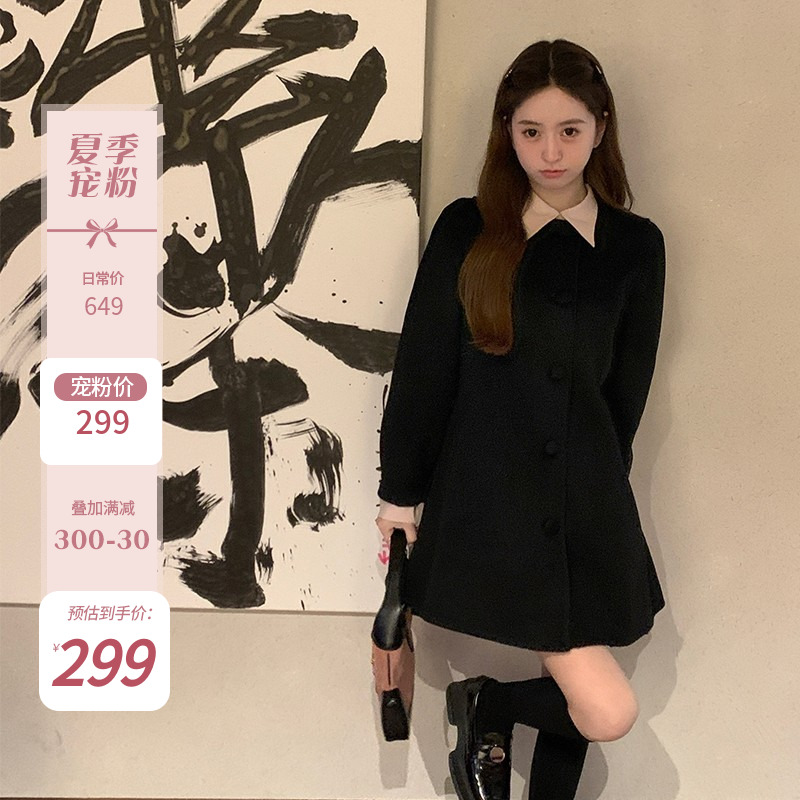 肉完冬季黑色手工双面呢大衣女秋冬小个子毛呢外套女2022新款