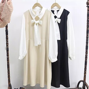 FL1 女法式 甜美百搭大码 蝴蝶结显瘦中长连衣裙 2日单春新款