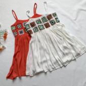 FH1 2女士无袖 吊带针织拼接钩花吊带裙连衣裙