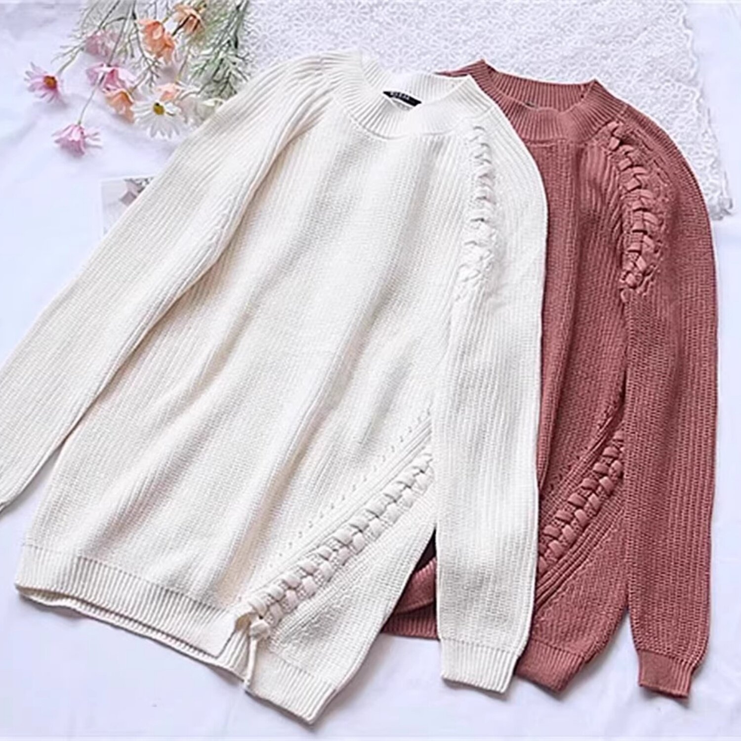 FK3-1秋冬系圆领毛衣女中长款宽松套头麻花辫纯色针织打底衫