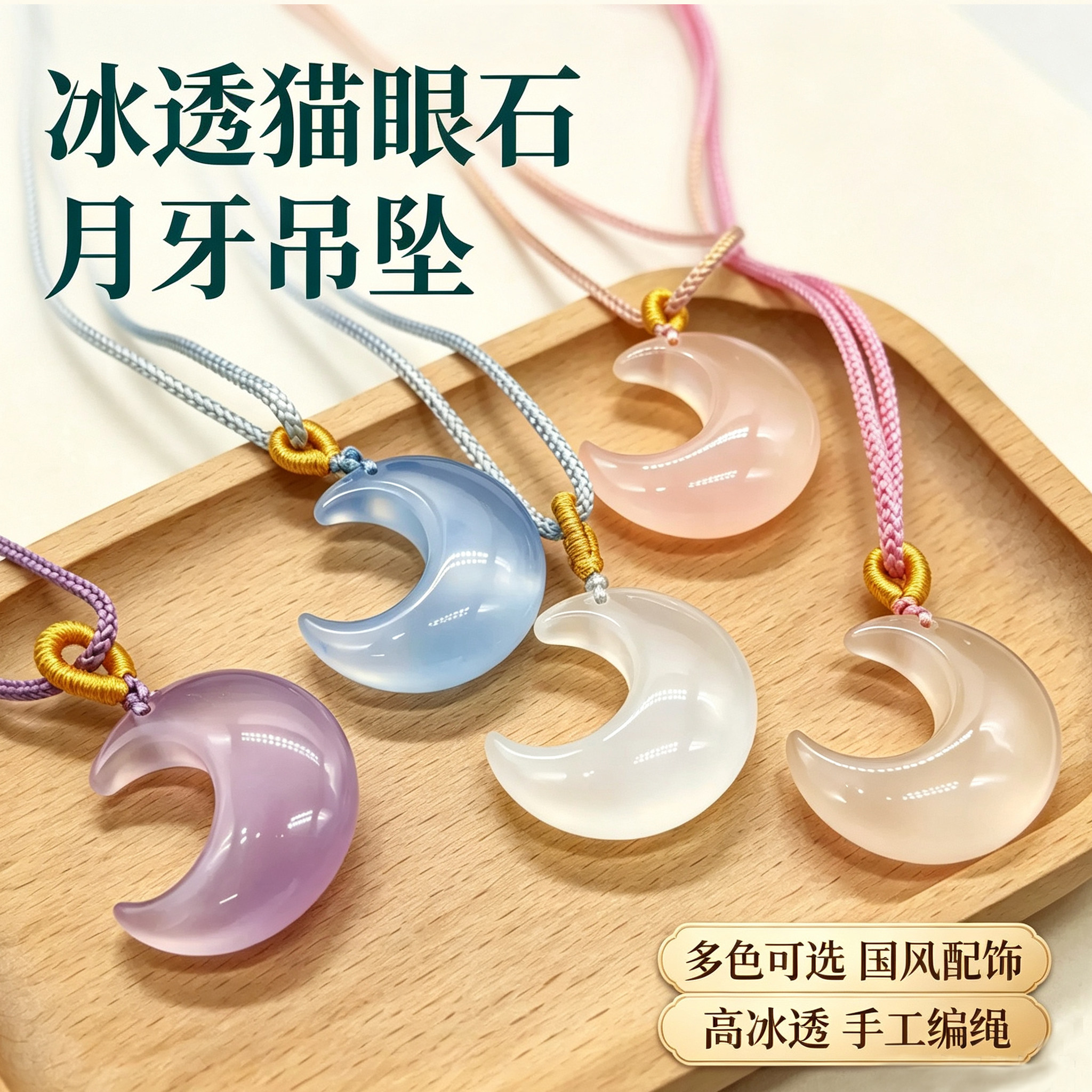 高冰透猫眼石月亮吊坠编绳项链