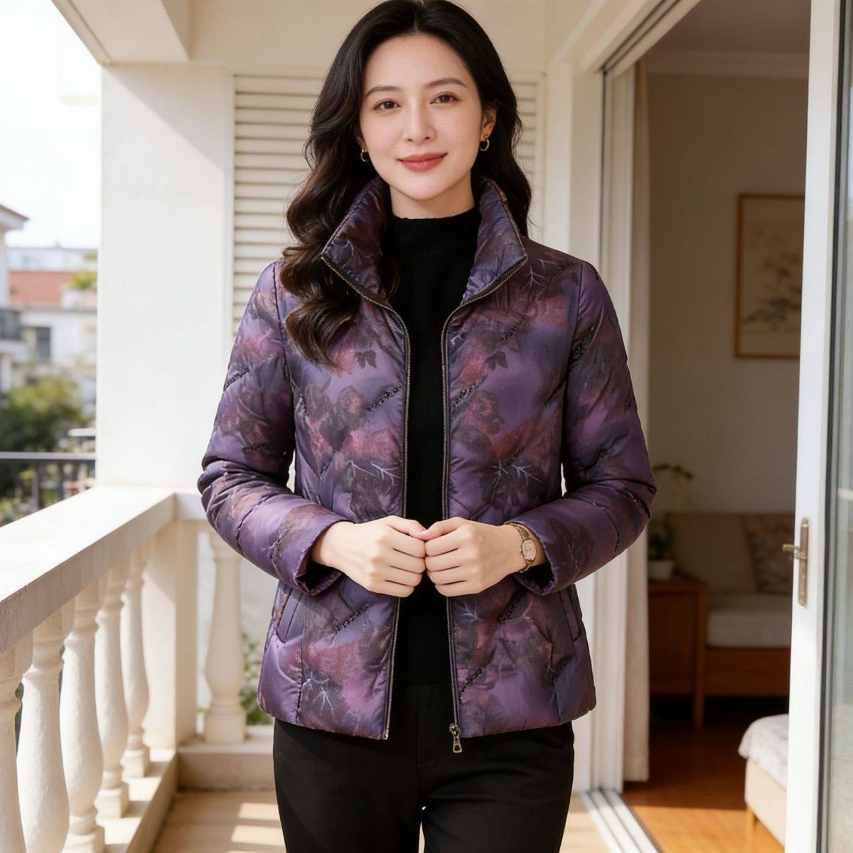 羽绒服女冬季2025新款中年妈妈时尚印花短款修身白鸭绒保暖外套