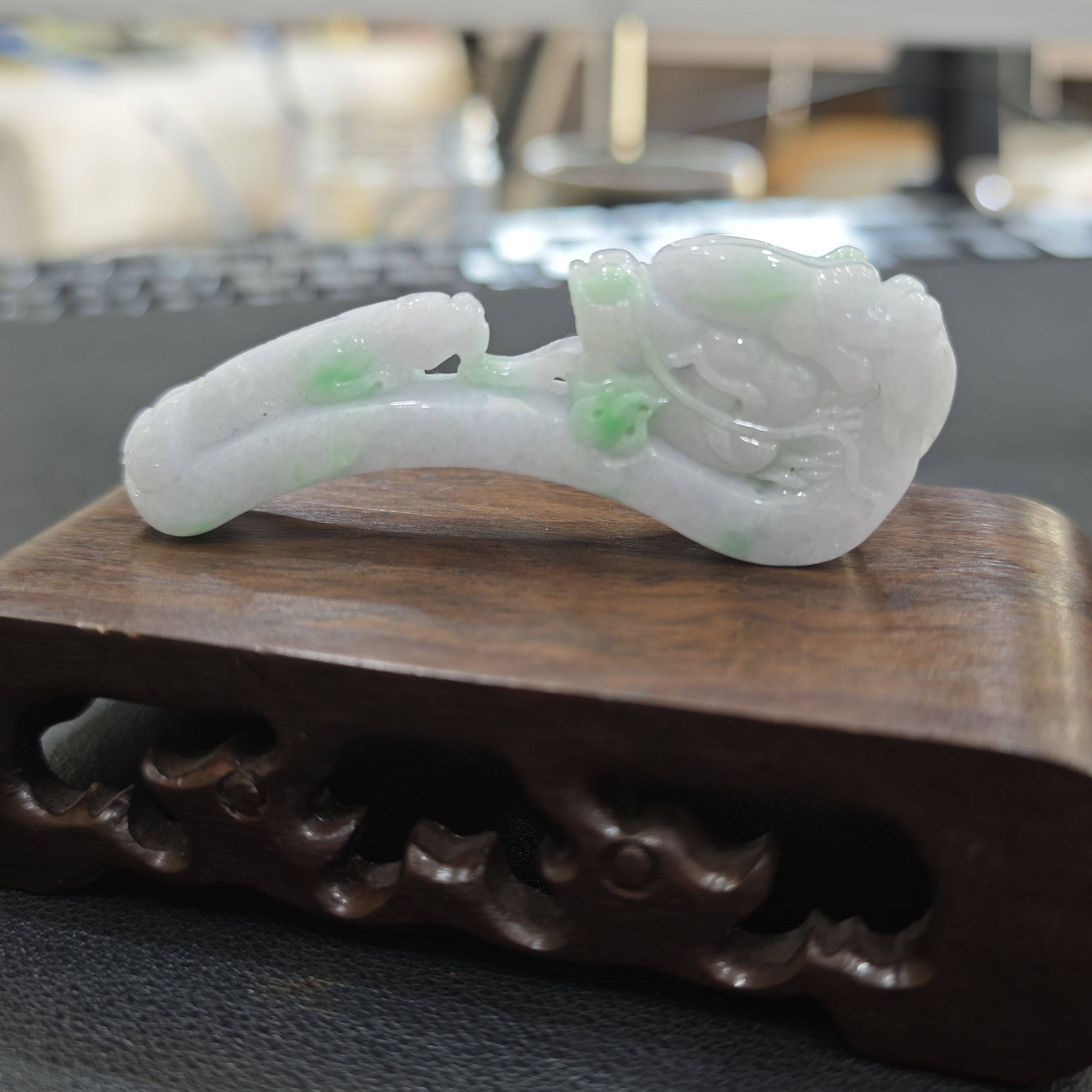 天然a货翡翠老坑料春带彩如意龙生贵子小摆件手把件78*28*12mm