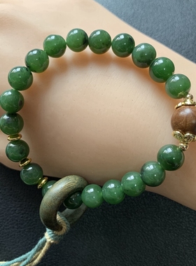 H013 天然和田碧玉搭配六道木 绿檀跑环手串单珠约8MM
