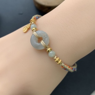 国风手链手工编制天然和田玉双龙护主搭配翡翠圆珠银镀24k金配饰