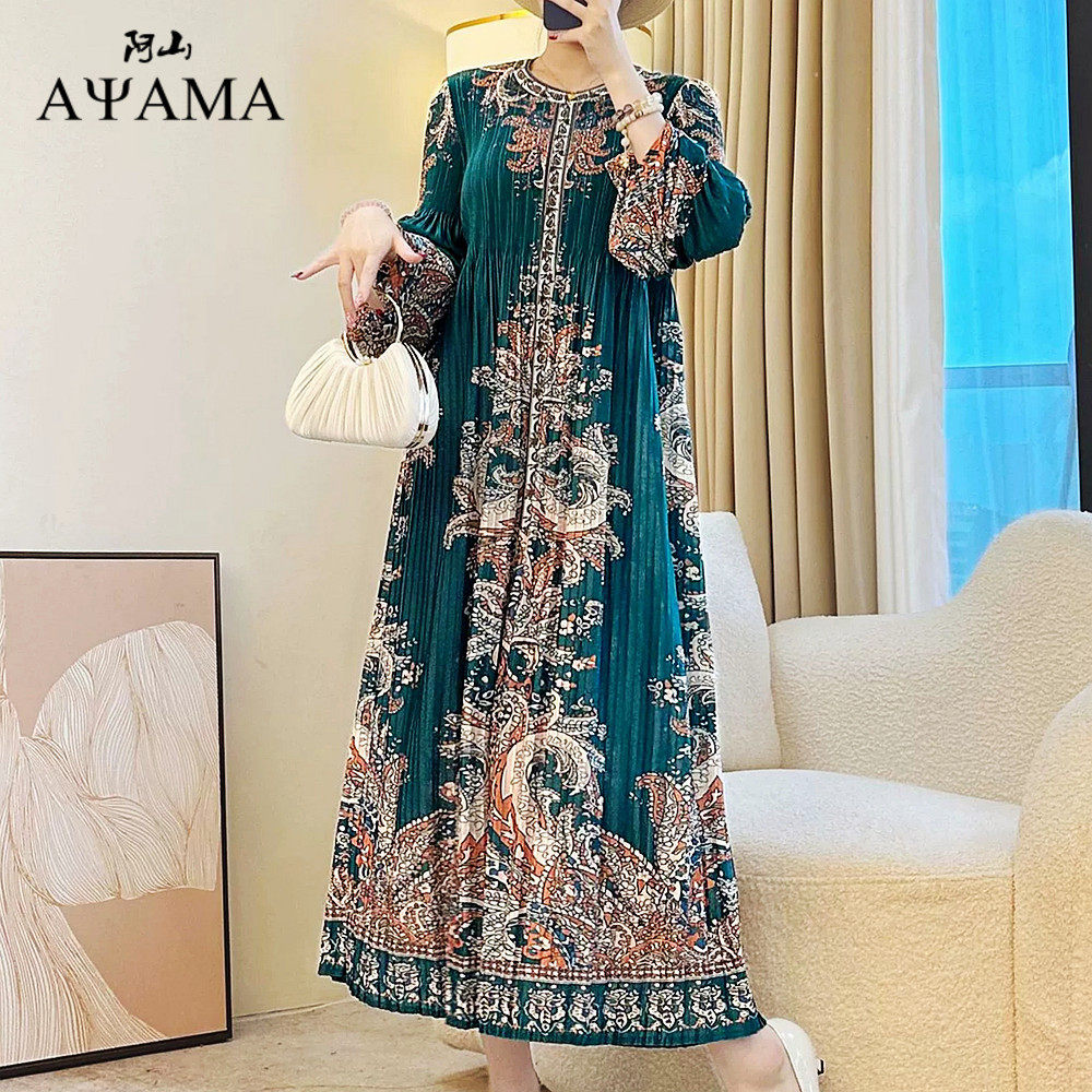 高级感中国风妈妈褶皱连衣裙洋气复古印花灯笼袖宽松大码百搭长裙