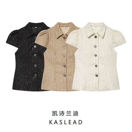 Kaslead New Women's Clothing European and American Style Fashion Simple Slim-Fit Lapel Tweed Jacket