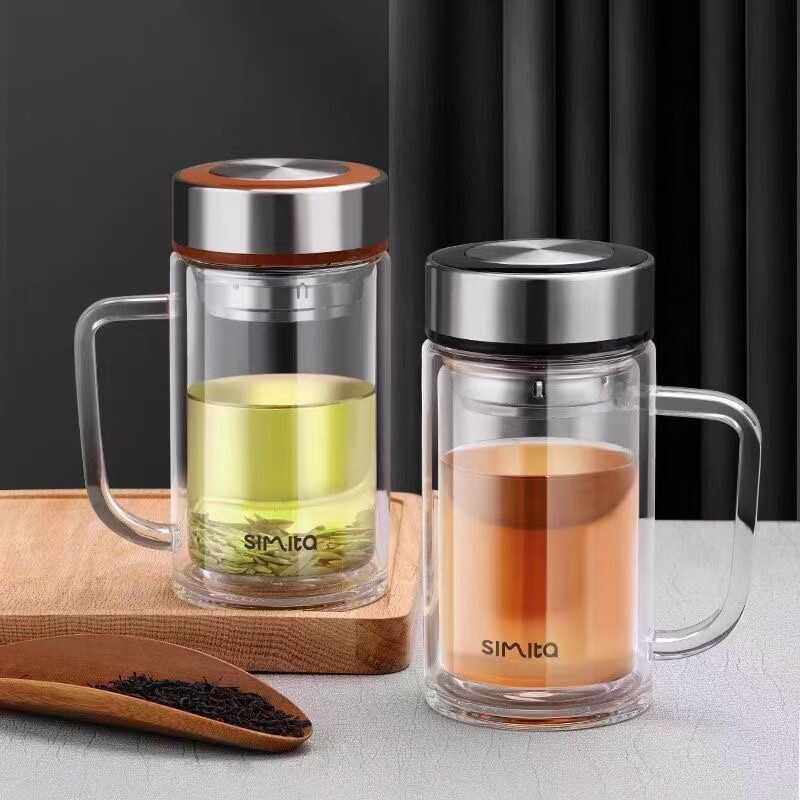 带茶漏手柄双层商务办公玻璃杯
