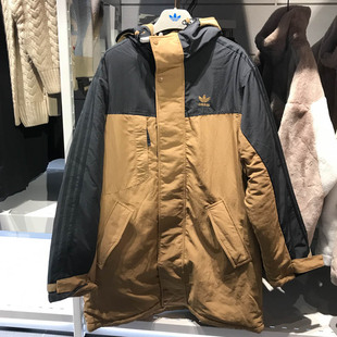 阿迪达斯三叶草男装2023冬新款运动中长款连帽棉服夹克外套IU4790