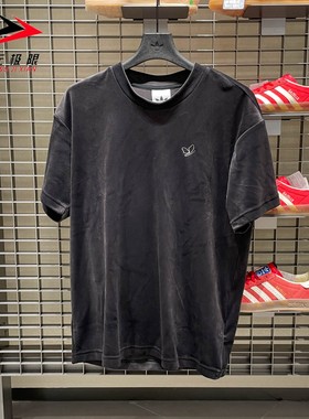 阿迪达斯三叶草男装2025秋新款天鹅绒运动休闲透气短袖T恤 KH3923
