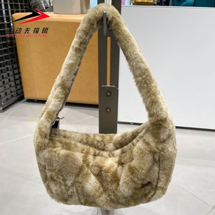 阿迪达斯三叶草2025冬女子蛇纹印花毛绒时尚 休闲运动挎包JY2625