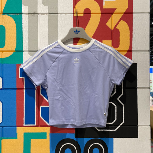 阿迪达斯三叶草女装2024夏新款经典三条纹运动休闲短袖T恤 JC8706