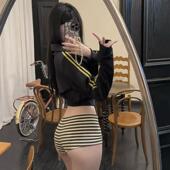 休闲套装 美式 宽松休闲运动外套条纹短裤 卫衣外套秋季 复古撞色长袖