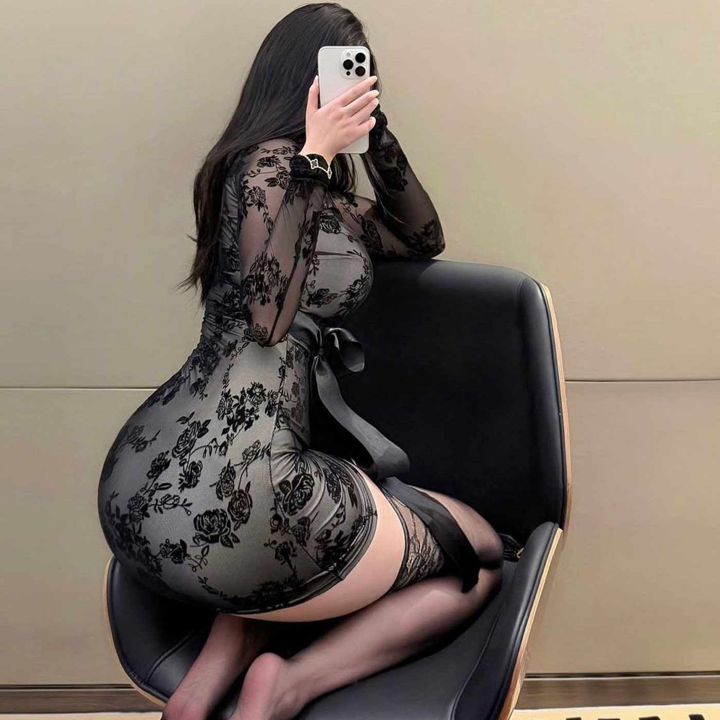 性感蕾丝透视连衣裙黑色长袖短裙