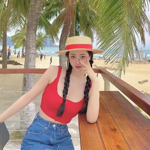 韓版 網紅編織防曬度假草帽海邊沙灘帽遮陽小禮帽 M標平頂帽女夏季