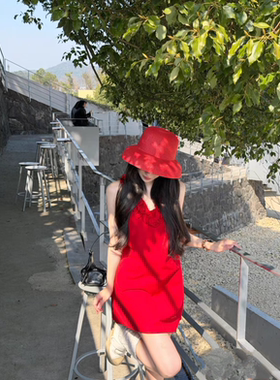 复古法式赫本风帽子红色小帽檐草帽女夏海边沙滩遮阳帽防晒太阳帽