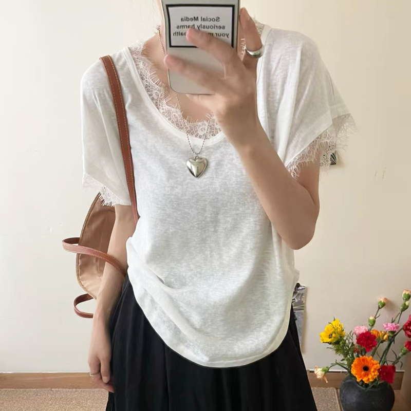 白色t恤女夏短袖蕾丝花边上衣