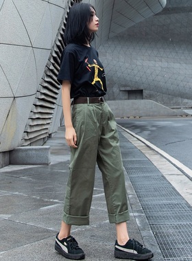 军绿色裤子女宽松直筒工装裤夏季薄款小个子休闲大码阔腿2025新款