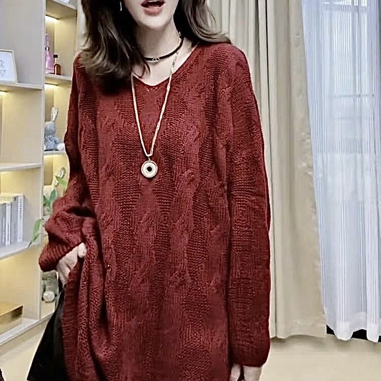 2026春秋大码V领落肩袖宽松显瘦慵懒风麻花中长款套头长袖针织衫