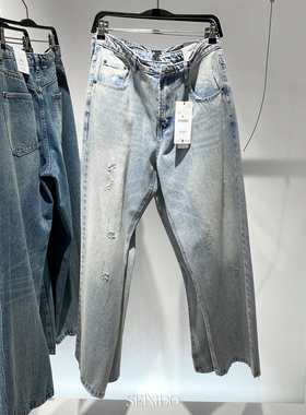 柜329！欧美男装重水洗宽松美式休闲牛仔裤棉质磨破长裤 4048/400