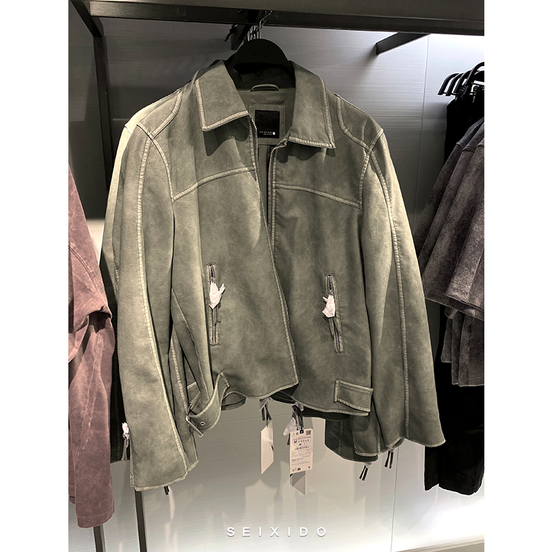 水洗復古機車皮衣翻領修身皮衣