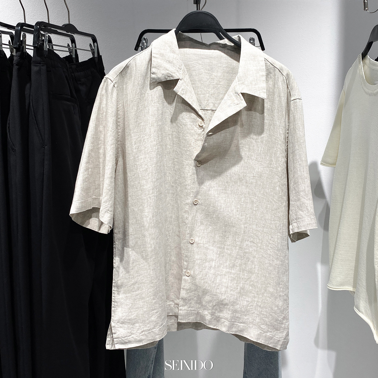 柜399！夏季新品男装古巴领简约休闲亚麻宽松短袖衬衫5070904 052