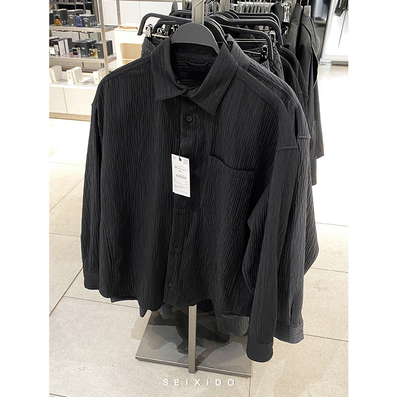 柜429！秋季款男装褶皱宽松翻领长袖衬衫7380703简约休闲衬衣外套