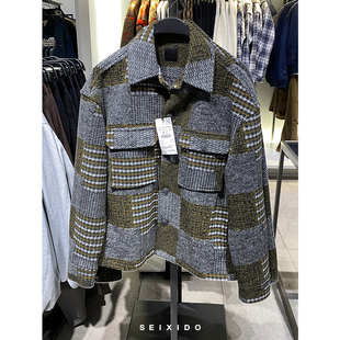 欧美简约拼色格子法兰绒磨毛衬衫 男装 厚外套3046363 秋冬款 柜529