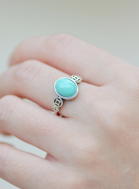 天然绿松石蓝松淡雅S925银纯银复古做旧泰银风格元宝钱币开口戒指