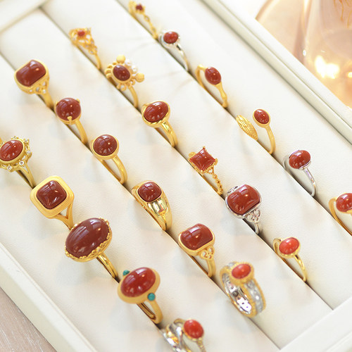 天然原矿南红  S925银纯银镀金磨砂哑光面精致大秀气开口戒指