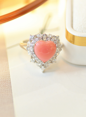 天然女王贝胭脂螺粉色贝S925银纯银闪亮皇冠戒指精美开口可调戒指