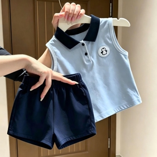 儿童夏季韩版卡通Polo背心+短裤套装男童休闲夏装亲子家庭两件套