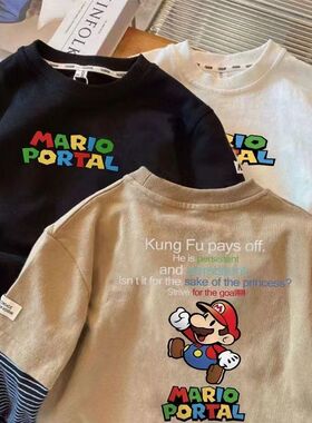 纯棉儿童T恤长袖卡通春秋款衣服春秋款假两件打底衫秋装上衣A907