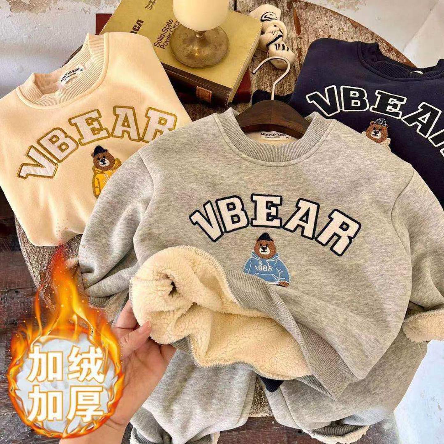 儿童冬季卡通加绒加厚卫衣卫裤套装男女童冬装保暖亲子家庭两件套