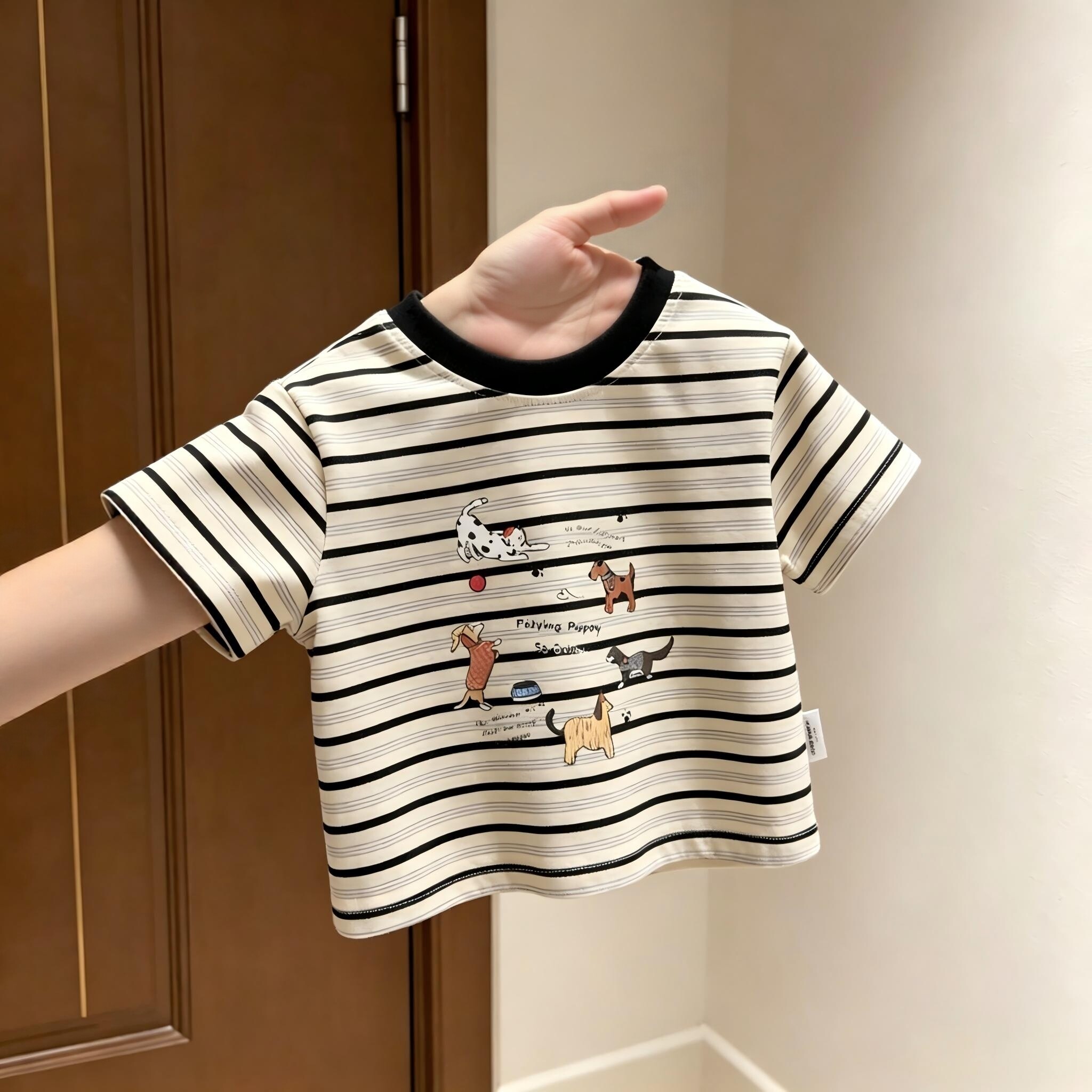 儿童夏季新款黑白条纹小狗印花短袖男女童T恤夏装亲子家庭上衣潮