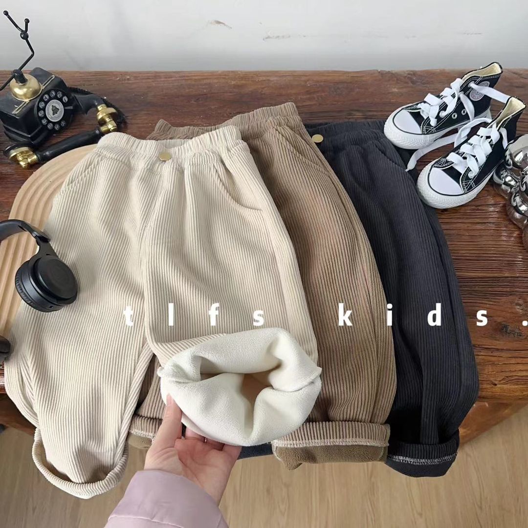 儿童秋冬季三色灯芯绒加绒休闲裤童装男女童宝宝百搭宽松加绒长裤