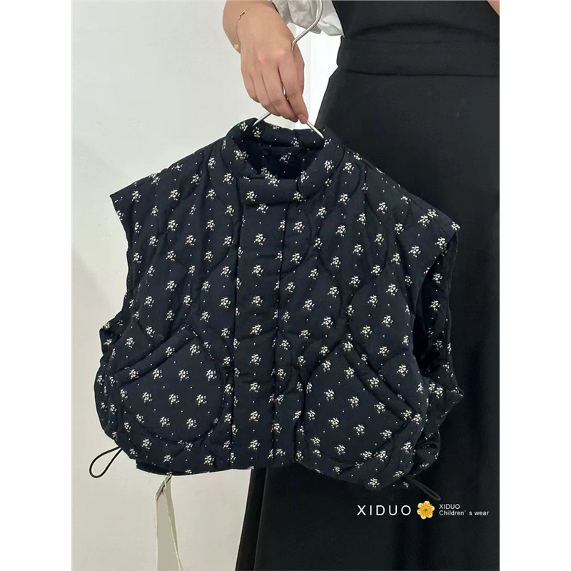 韩国童装女童外套秋冬季新款洋气复古宽松碎花加厚夹棉马甲棉服潮