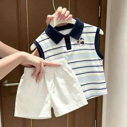 儿童夏季条纹POLO背心短裤套装