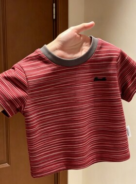 儿童夏季韩版休闲红色条纹短袖