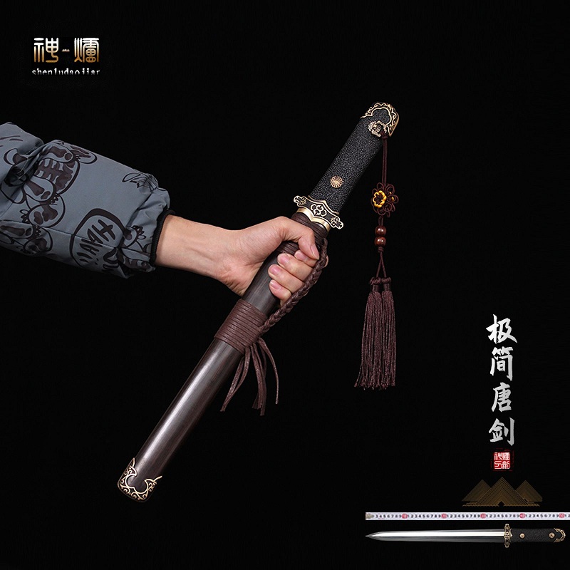 唐剑 八面花纹钢短剑大马士革乌兹钢刀具防身羽毛纹小宝剑未开刃