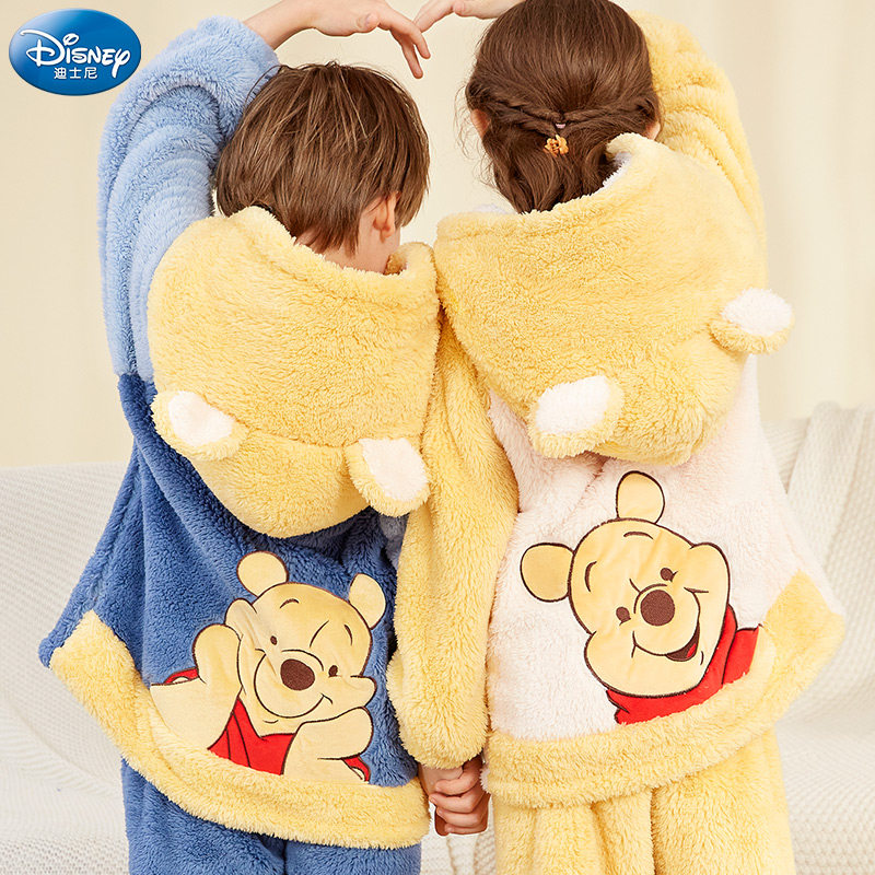 迪士尼儿童睡衣套装秋冬女童珊瑚绒男童法兰绒加绒厚宝宝小熊维尼