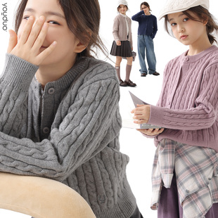 女童毛衣开衫外套针织衫25秋冬新款绞花圆领外穿内搭上衣中大童装