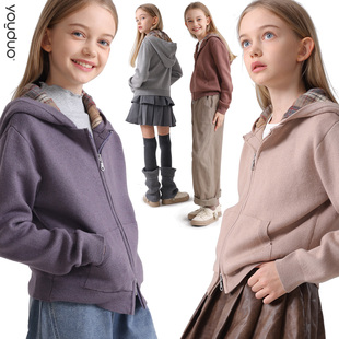 女童外套26春秋新款针织开衫毛衣儿童连帽大童拉链上衣百搭春装