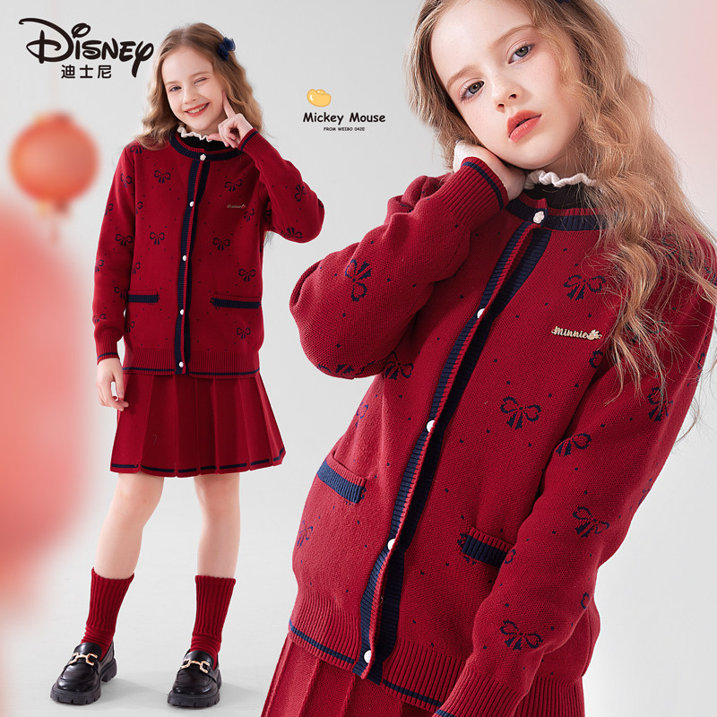 迪士尼女童套装大童毛衣裙子秋冬女孩小香风针织衫红色儿童拜年服